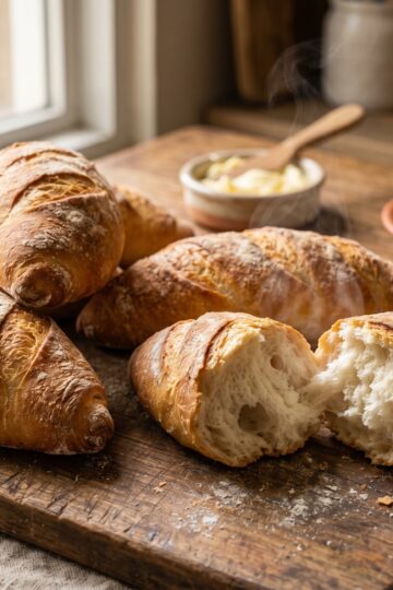 Fresh Dominican pan de agua bread rolls on wooden board with golden crust