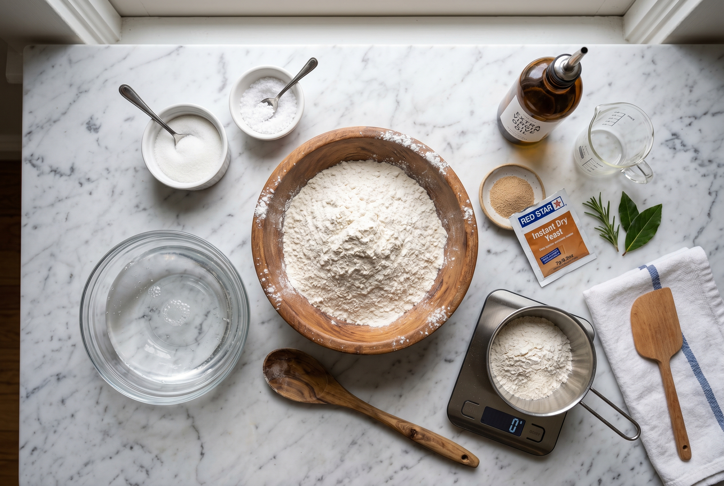 Ingredients for pan de agua - bread flour yeast salt sugar water oil