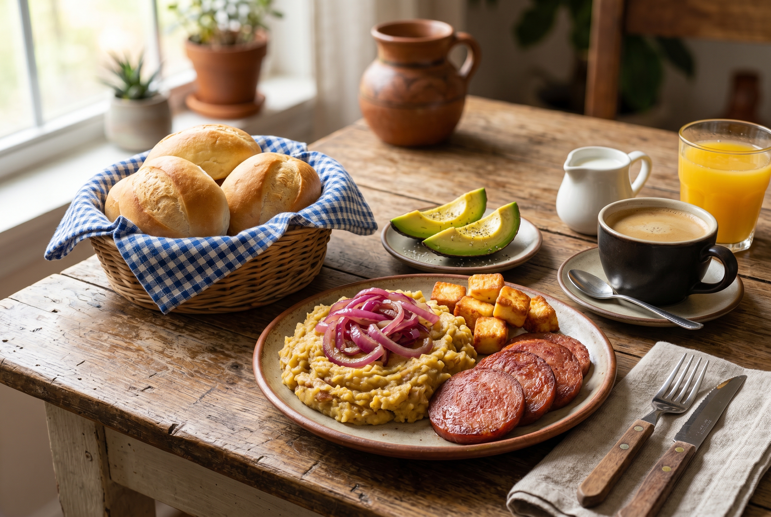 Pan de agua served with mangu queso frito and salami Dominican breakfast