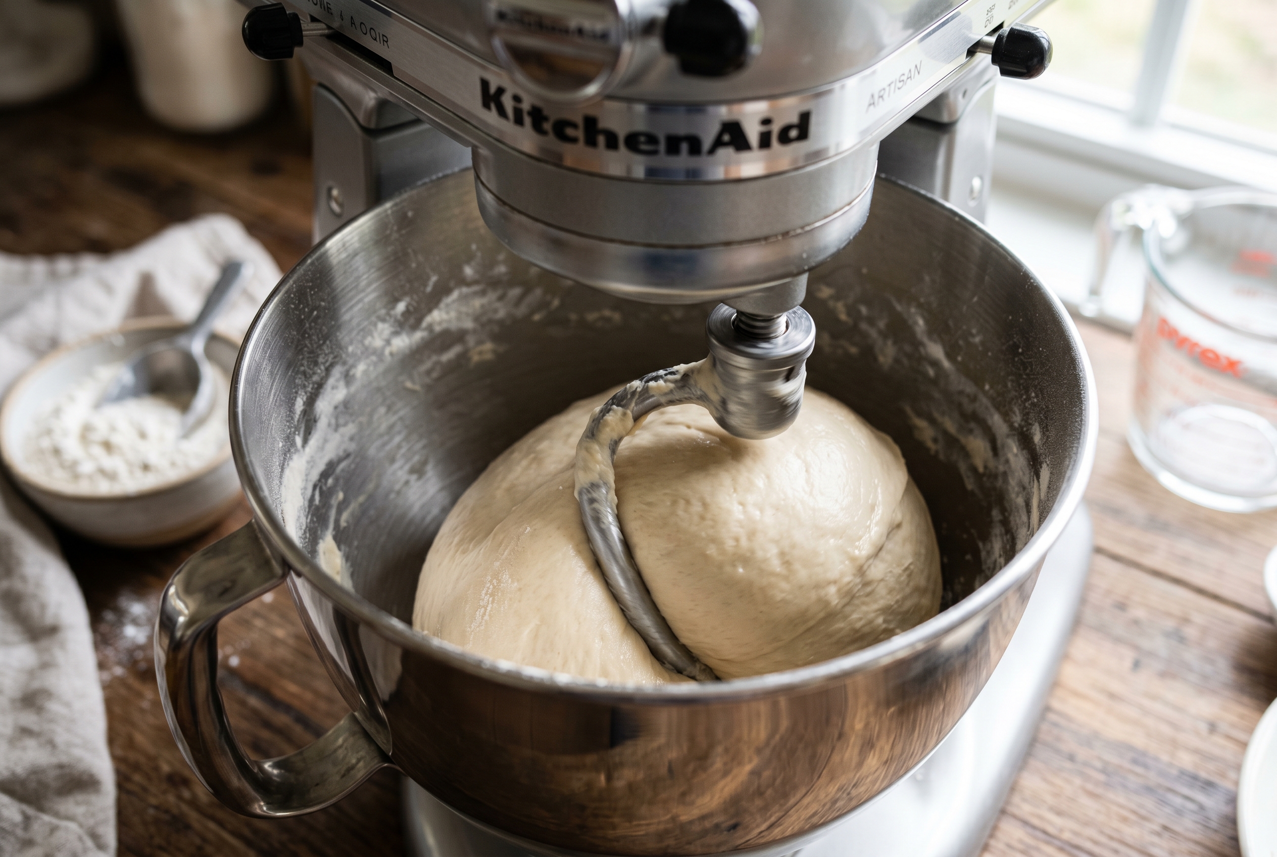 Pan de agua dough being mixed in stand mixer with dough hook