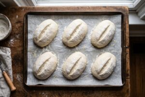 Shaped pan de agua torpedoes on baking sheet before second rise