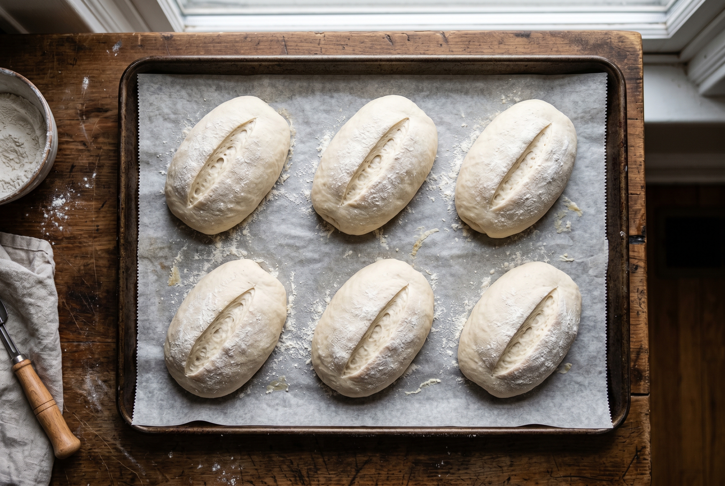 Shaped pan de agua torpedoes on baking sheet before second rise