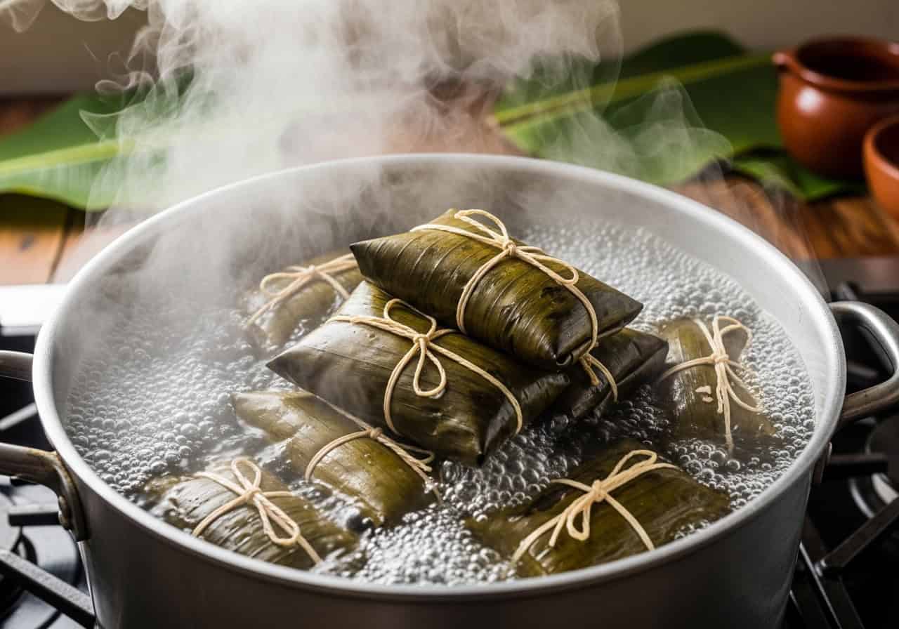 Pasteles en hojas wrapped in banana leaves and tied with kitchen twine, boiling in a large stockpot with steam rising