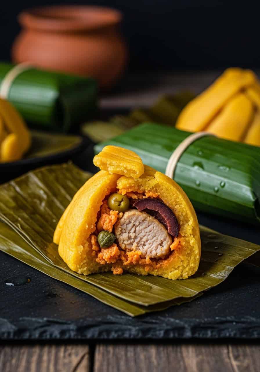 Close-up of an opened pasteles en hojas showing golden masa with juicy pork filling, olives and capers visible inside