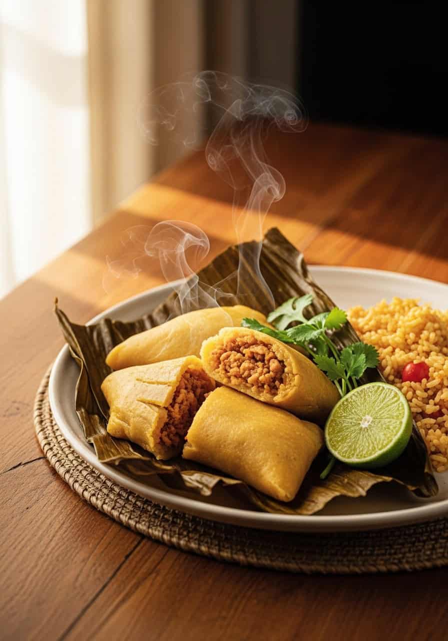 Authentic Dominican pasteles en hojas on a ceramic plate with arroz con gandules, garnished with culantro and lime