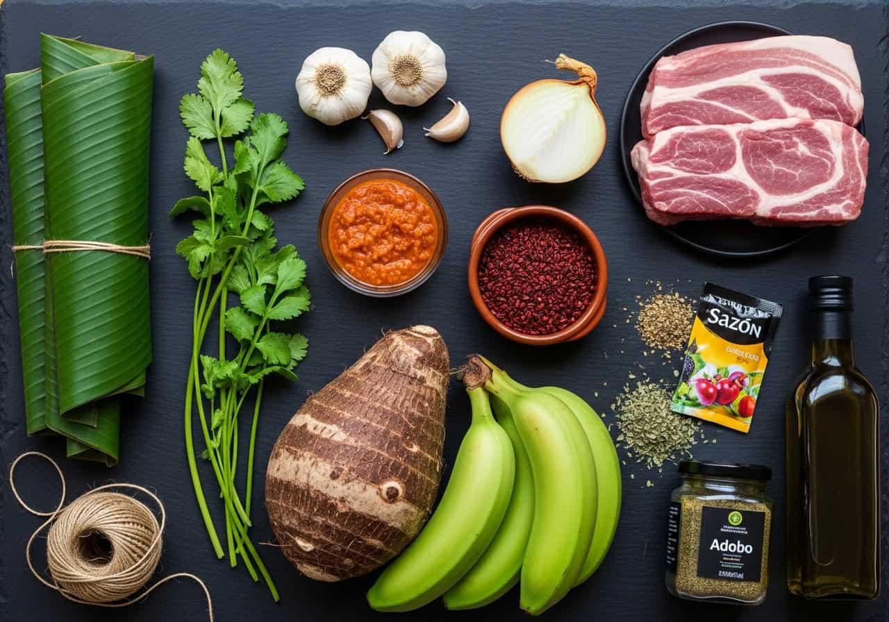 All pasteles en hojas ingredients laid out overhead: yautía, green banana, pork shoulder, garlic, achiote, sofrito, banana leaves, and spices