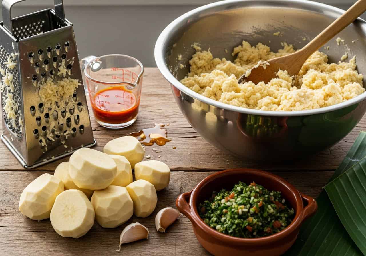 Freshly grated yautía and green banana masa in a bowl with achiote oil, box grater, and sofrito beside it