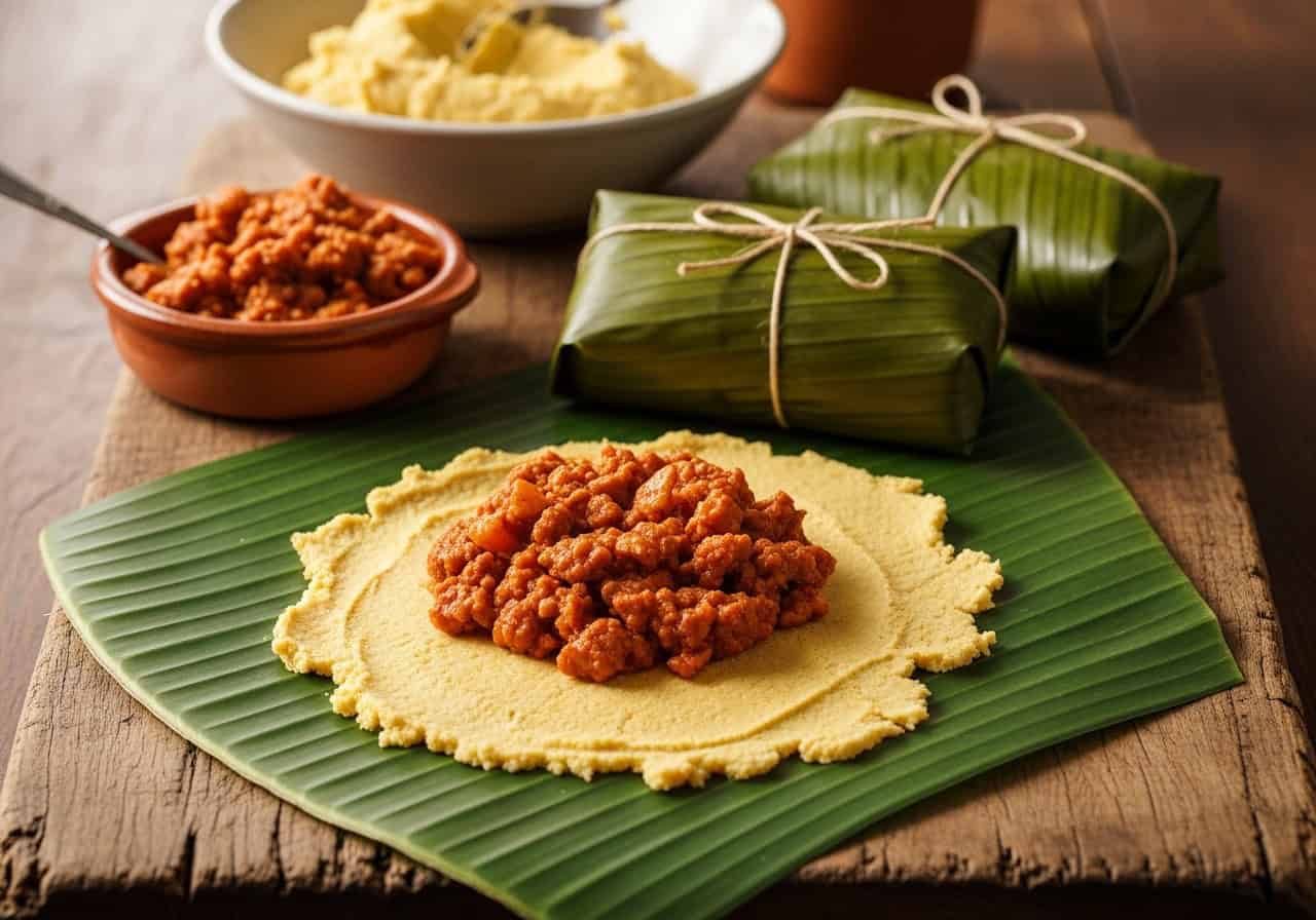 Pasteles en hojas being assembled on a banana leaf with golden masa spread and sofrito-seasoned pork filling centered