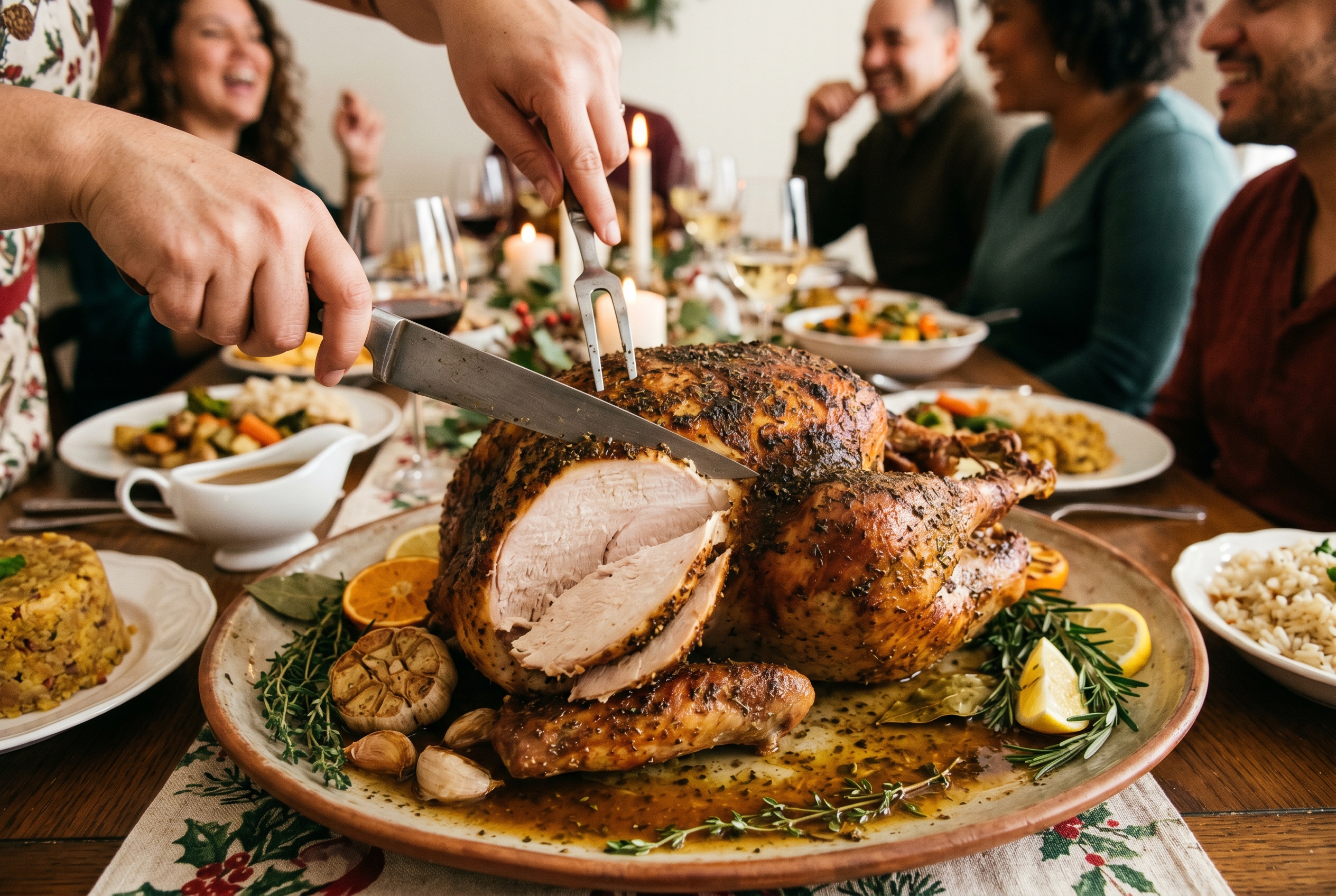 Dominican pavo asado being carved showing juicy interior and dark skin