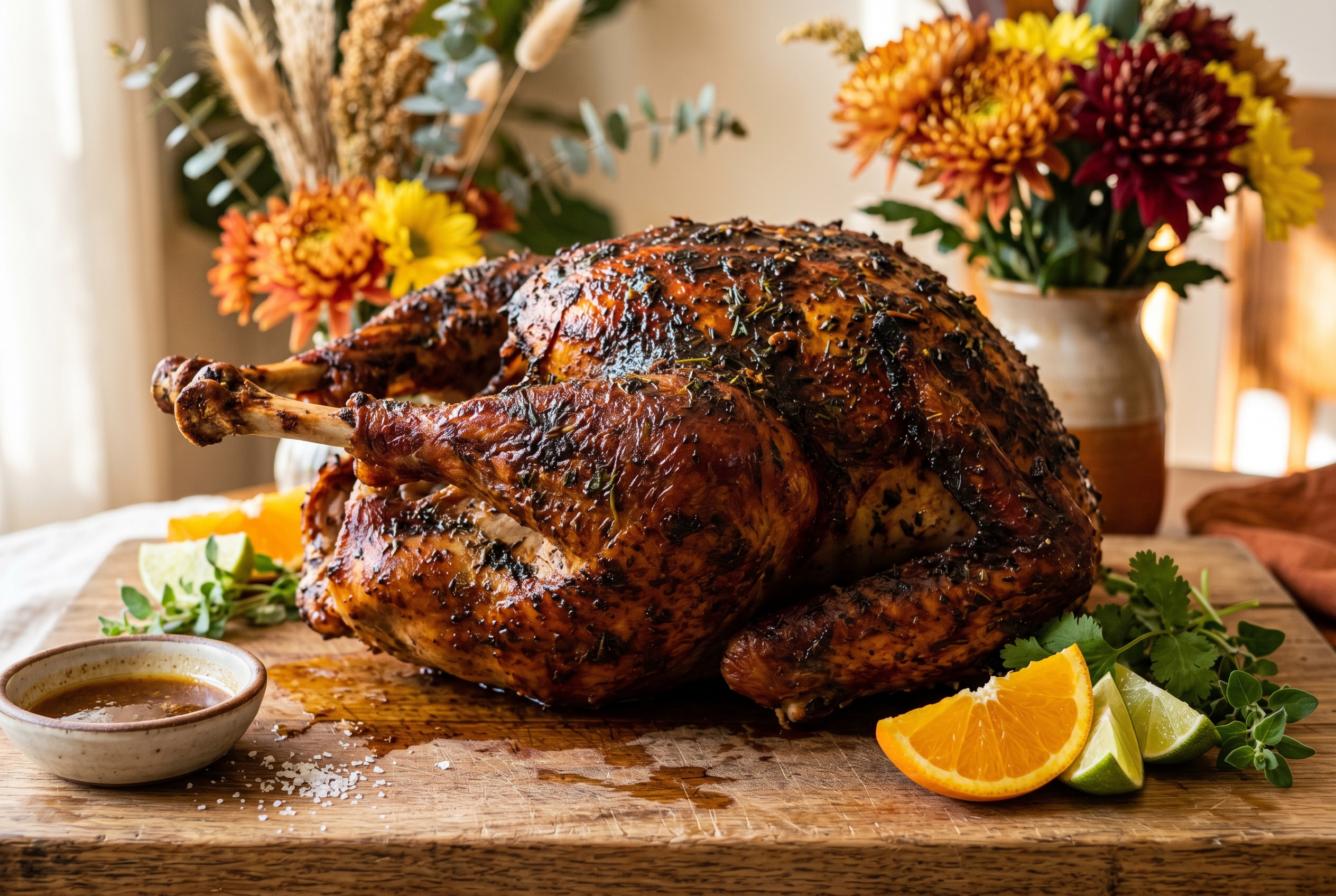 Dominican pavo dominicano close-up showing dark adobo seasoned skin