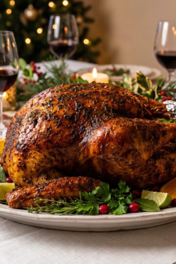 Dominican pavo asado whole roasted turkey with dark herb crust on Christmas table