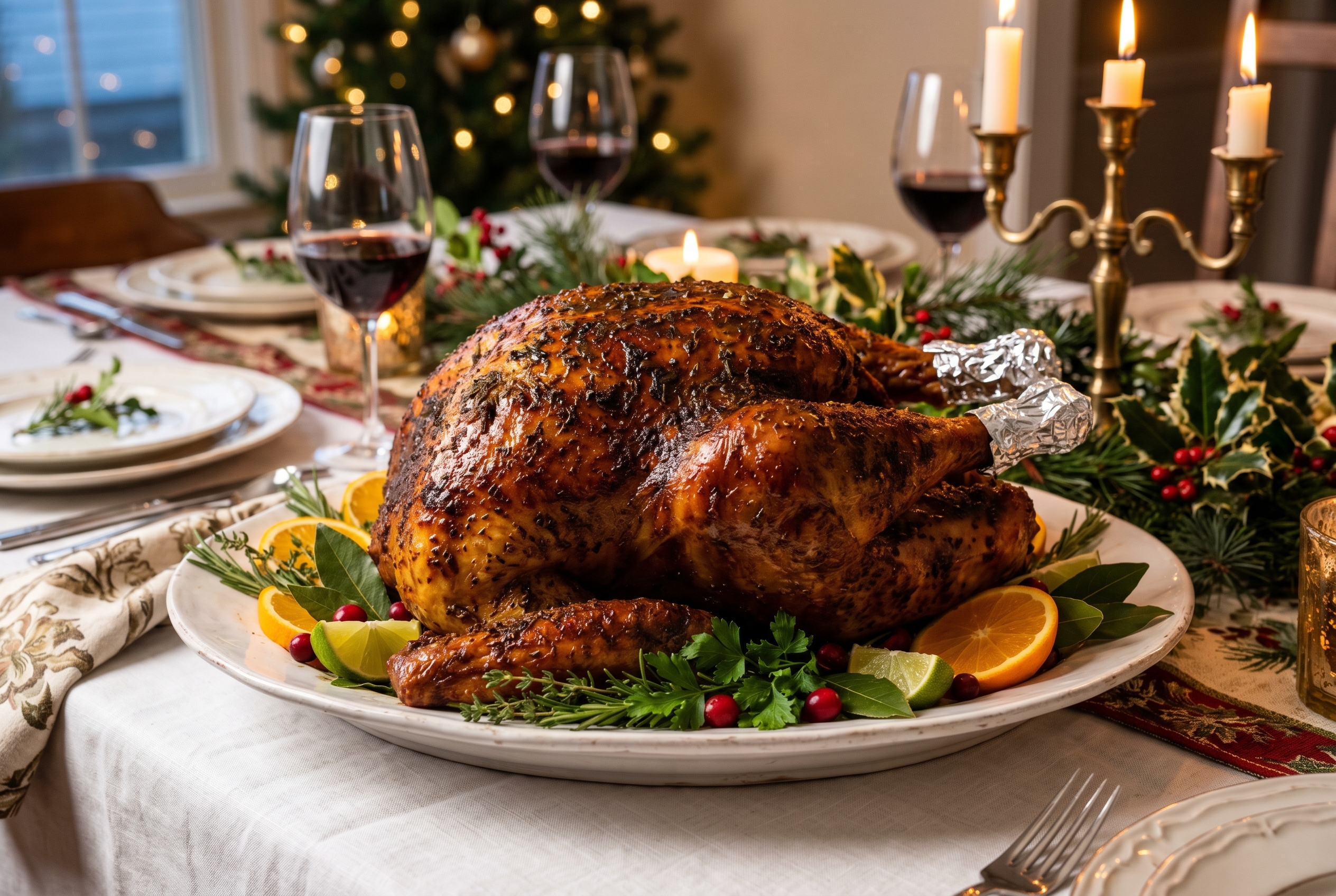Dominican pavo asado whole roasted turkey with dark herb crust on Christmas table
