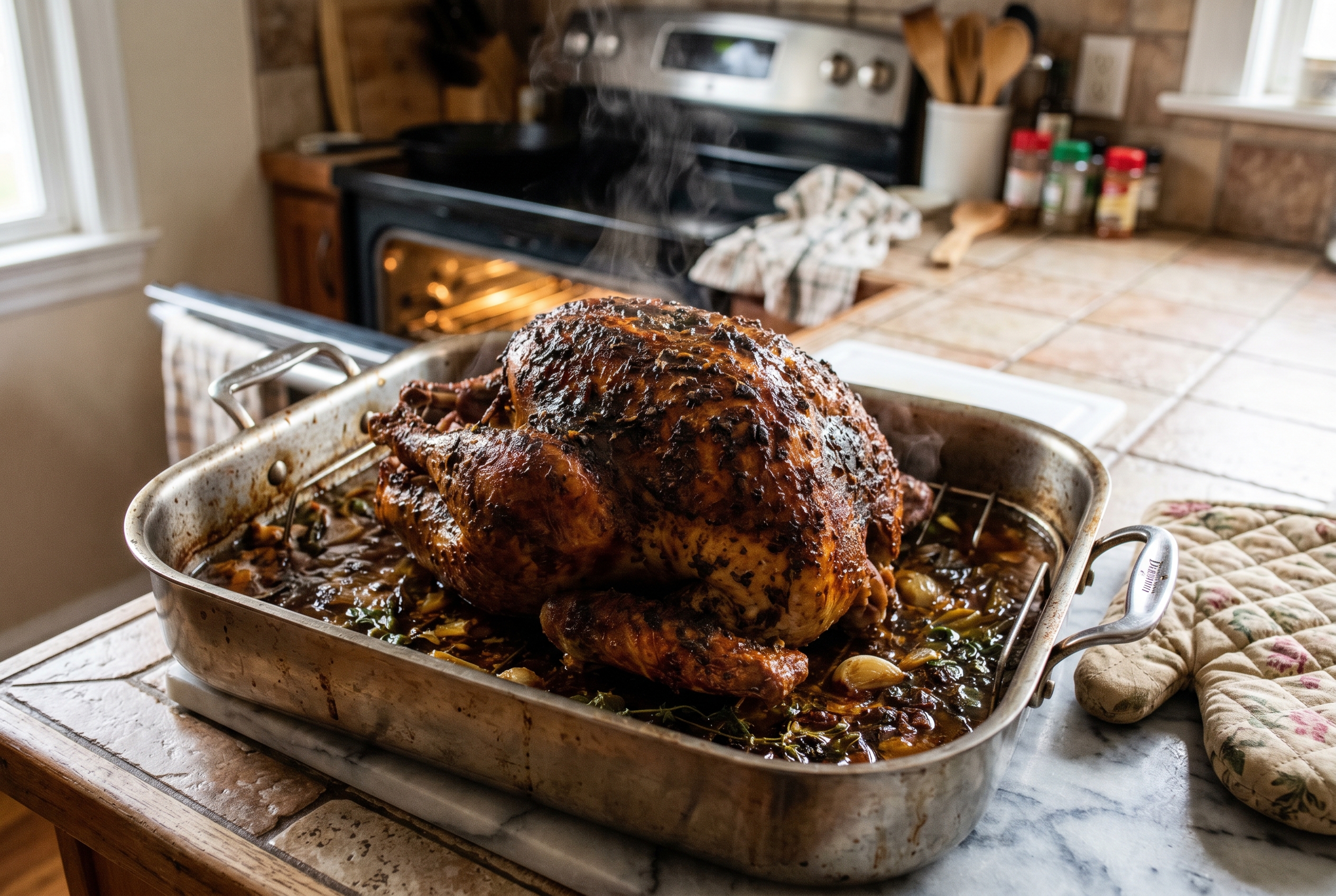 Dominican pavo dominicano in roasting pan fresh from oven