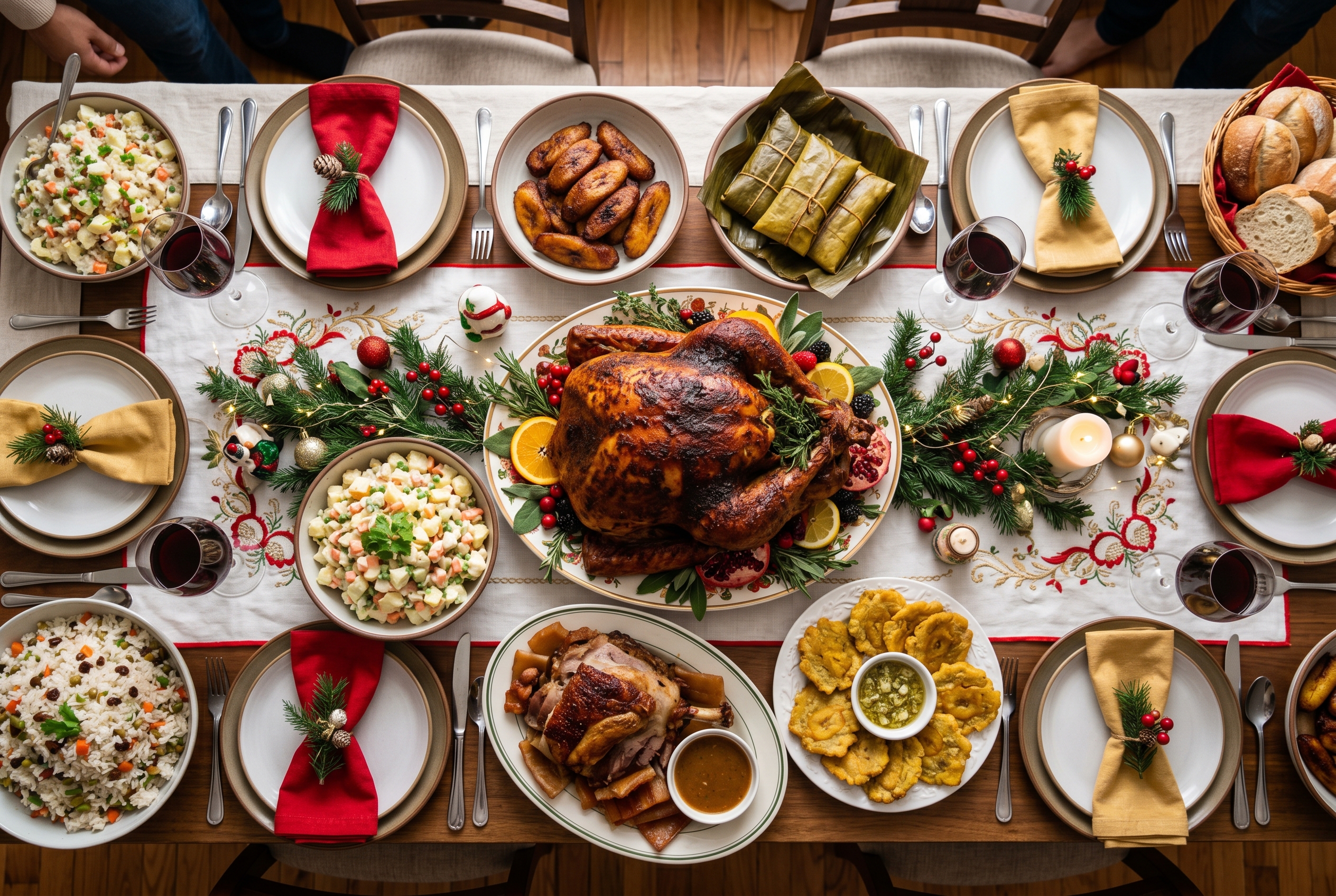 Dominican Christmas dinner table with pavo asado and side dishes