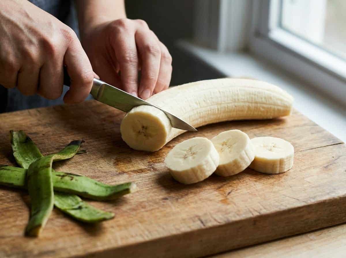 Hands peeling green plantains and slicing them into thick rounds on a wooden cutting board