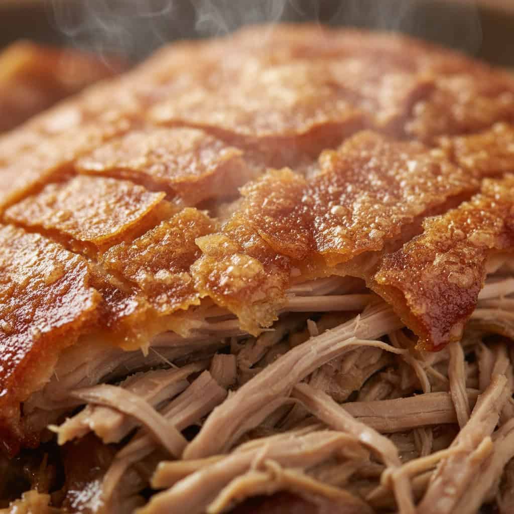Close-up of crispy crackling pernil skin and tender pulled pork meat
