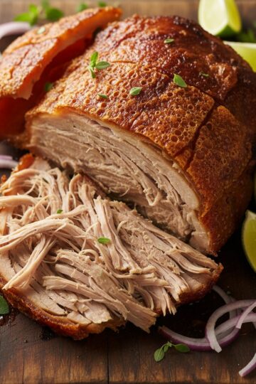 Dominican pernil with crispy chicharrón skin sliced on a wooden cutting board with mojo sauce