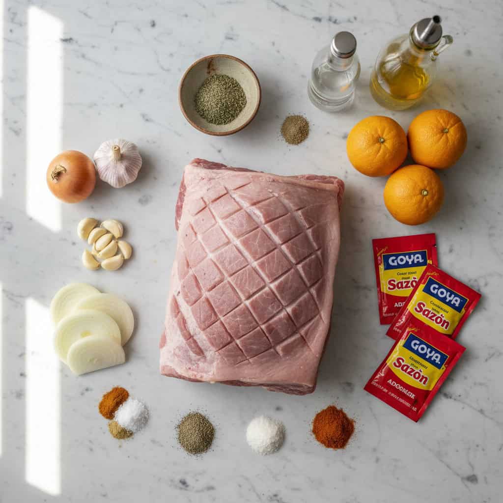 All ingredients for Dominican pernil including pork shoulder, garlic, oregano, and sour orange laid out on counter