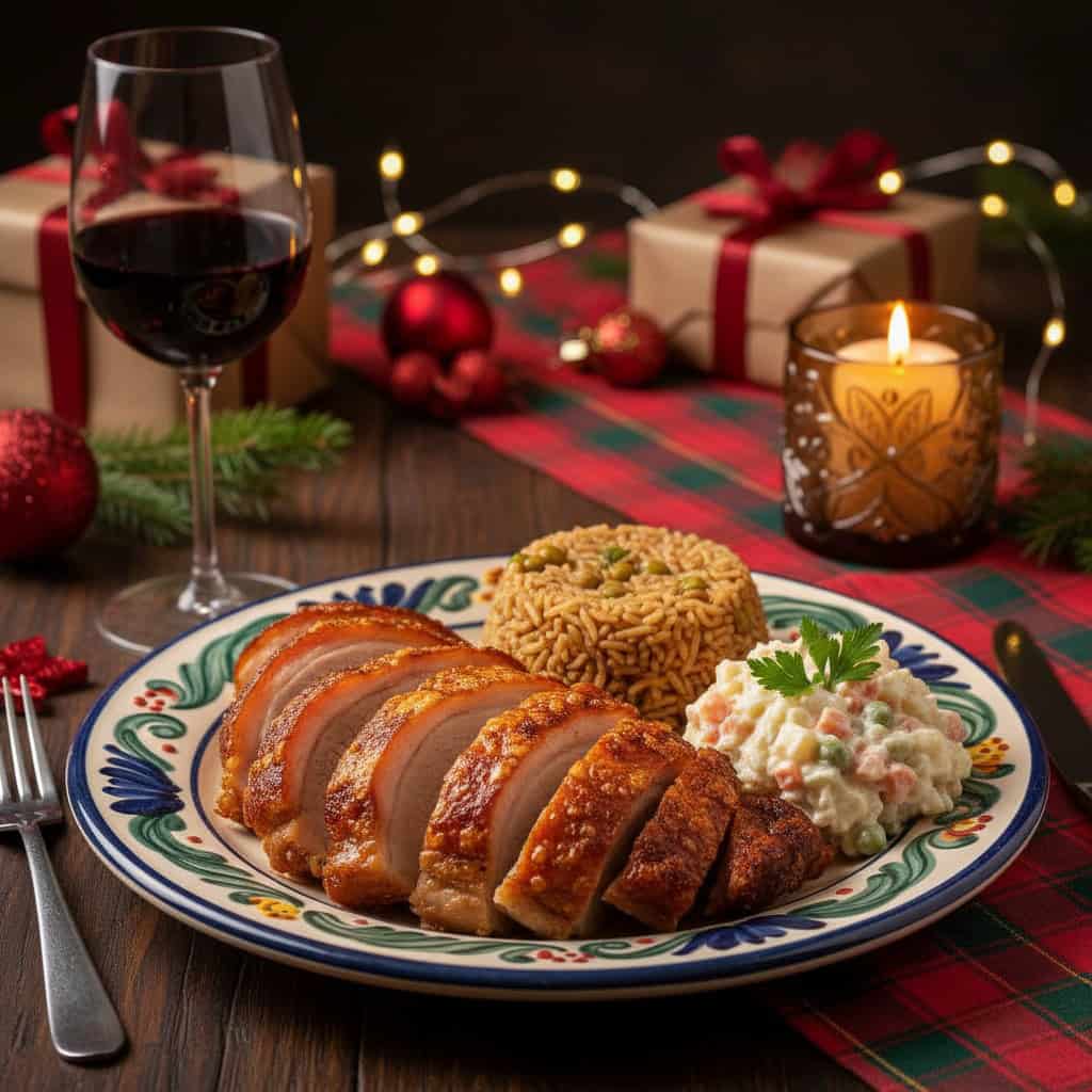 Pernil served as part of complete Dominican Christmas plate with moro de gandules and ensalada