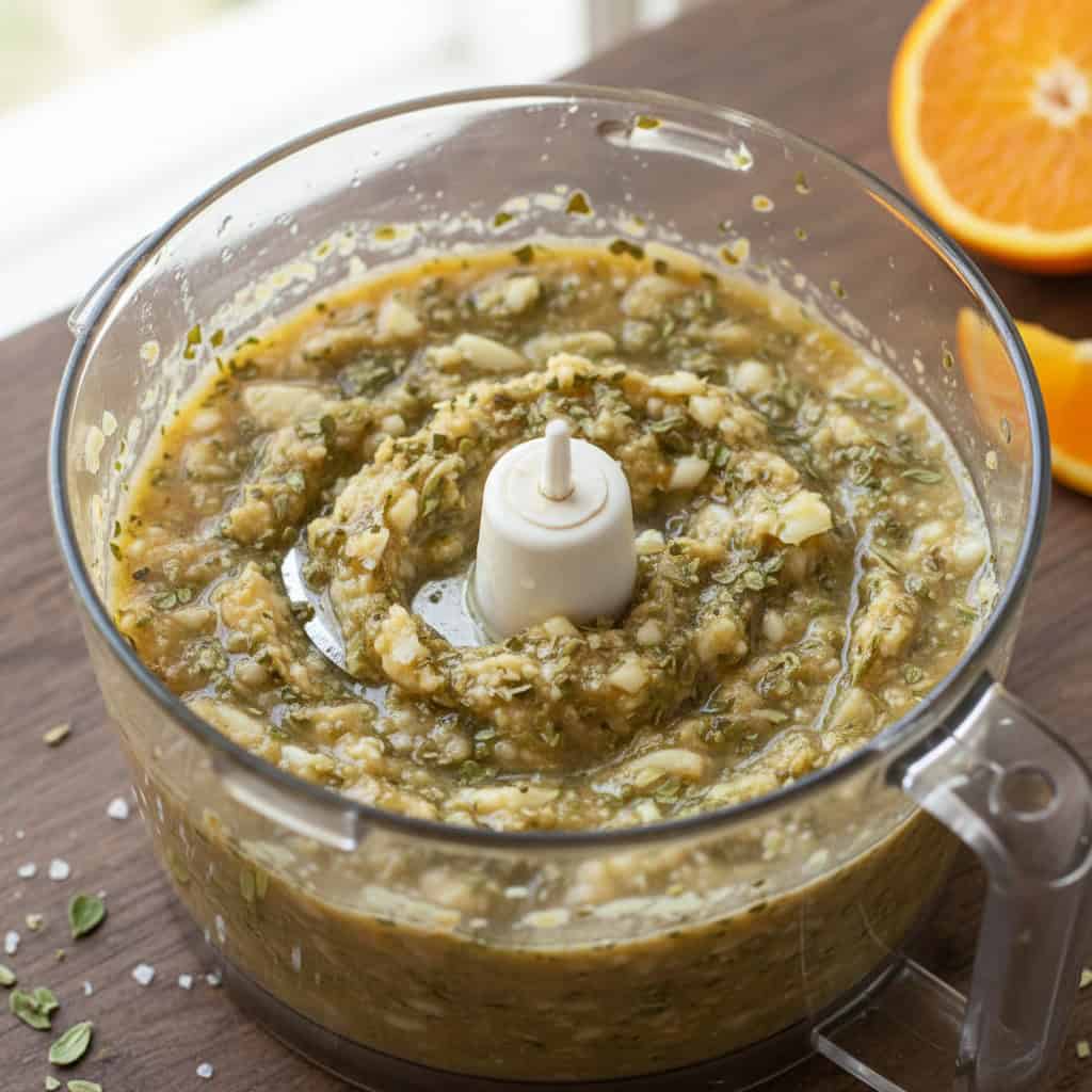 Wet adobo marinade for pernil being made in a food processor