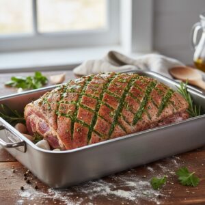 Marinated pork shoulder coming to room temperature in roasting pan