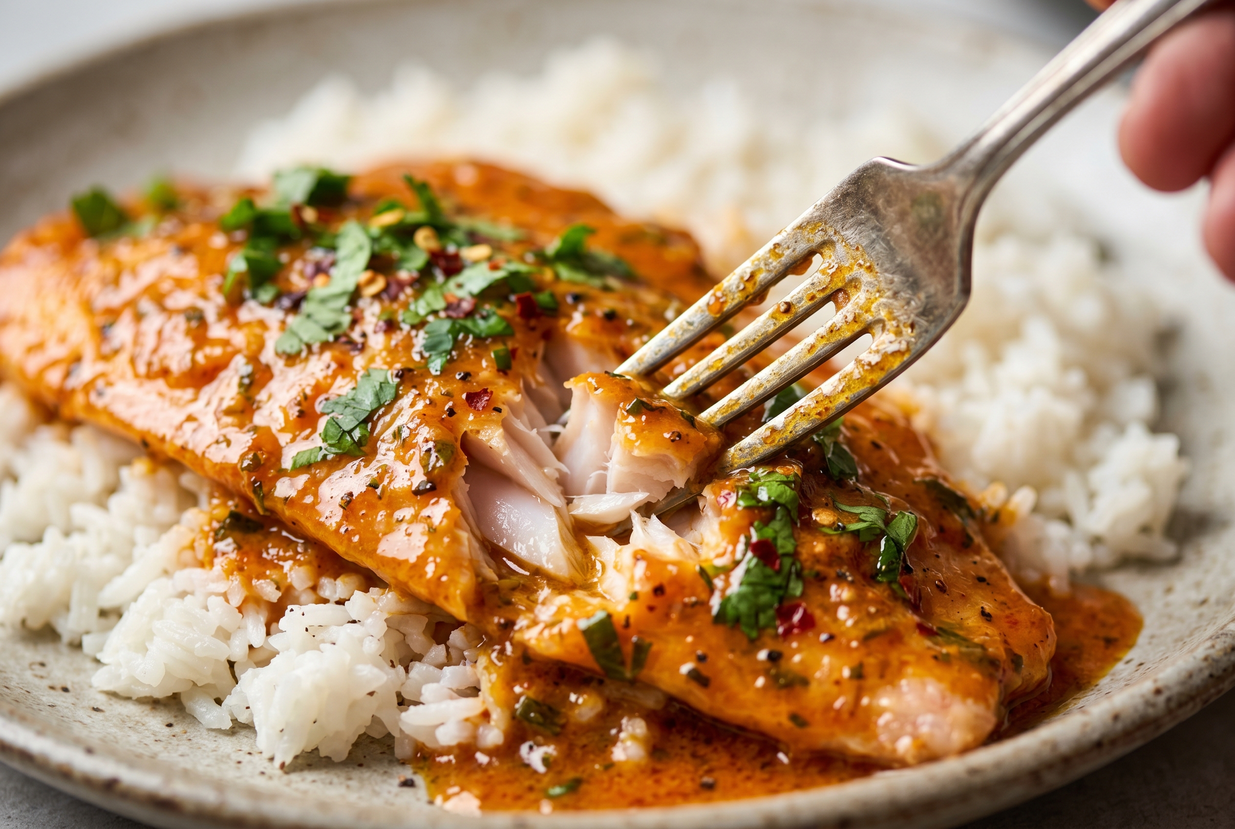 Close-up of red snapper fillet coated in coconut sauce over white rice
