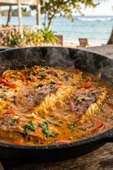 Dominican pescado con coco red snapper in coconut sauce in a caldero