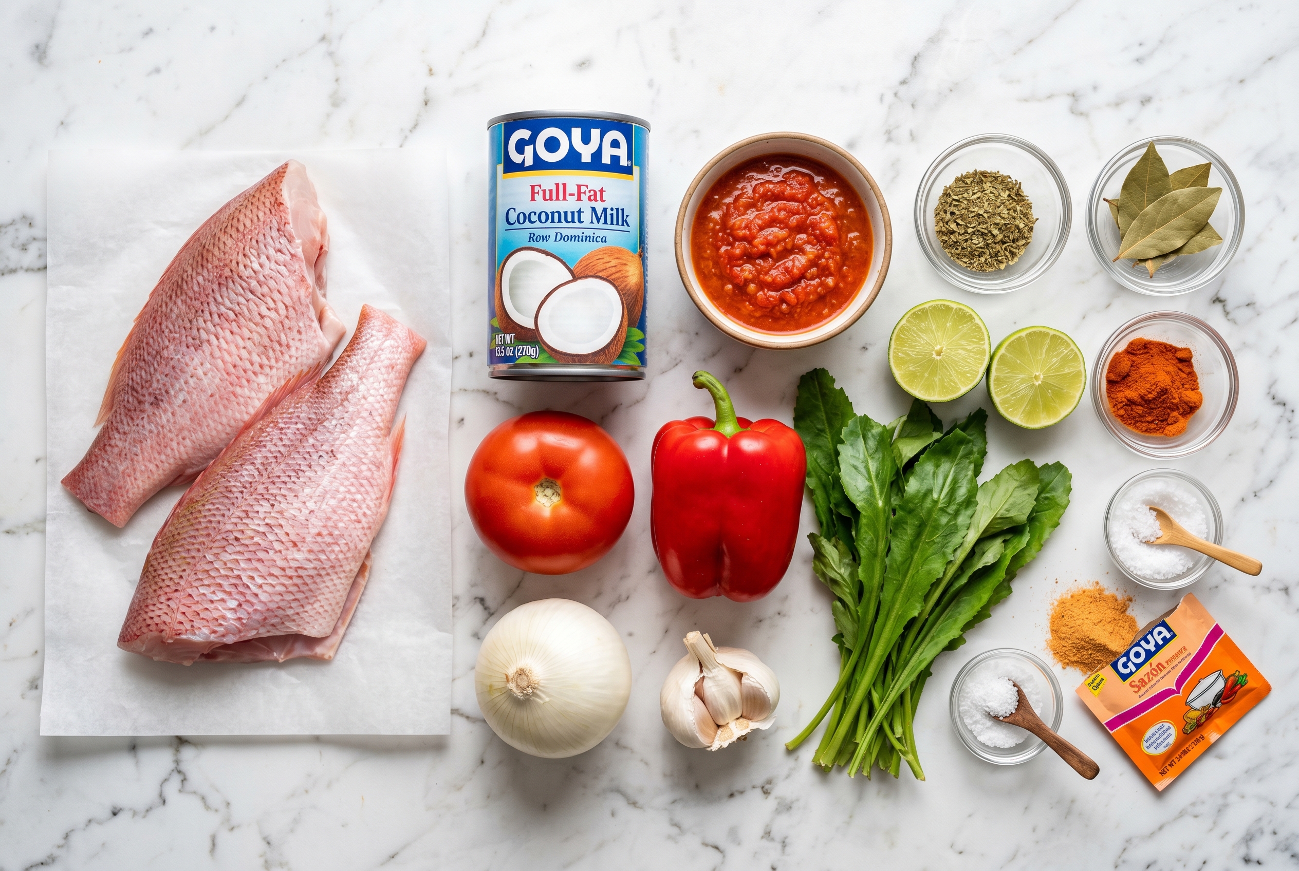 Ingredients for pescado con coco - red snapper coconut milk sofrito tomato culantro