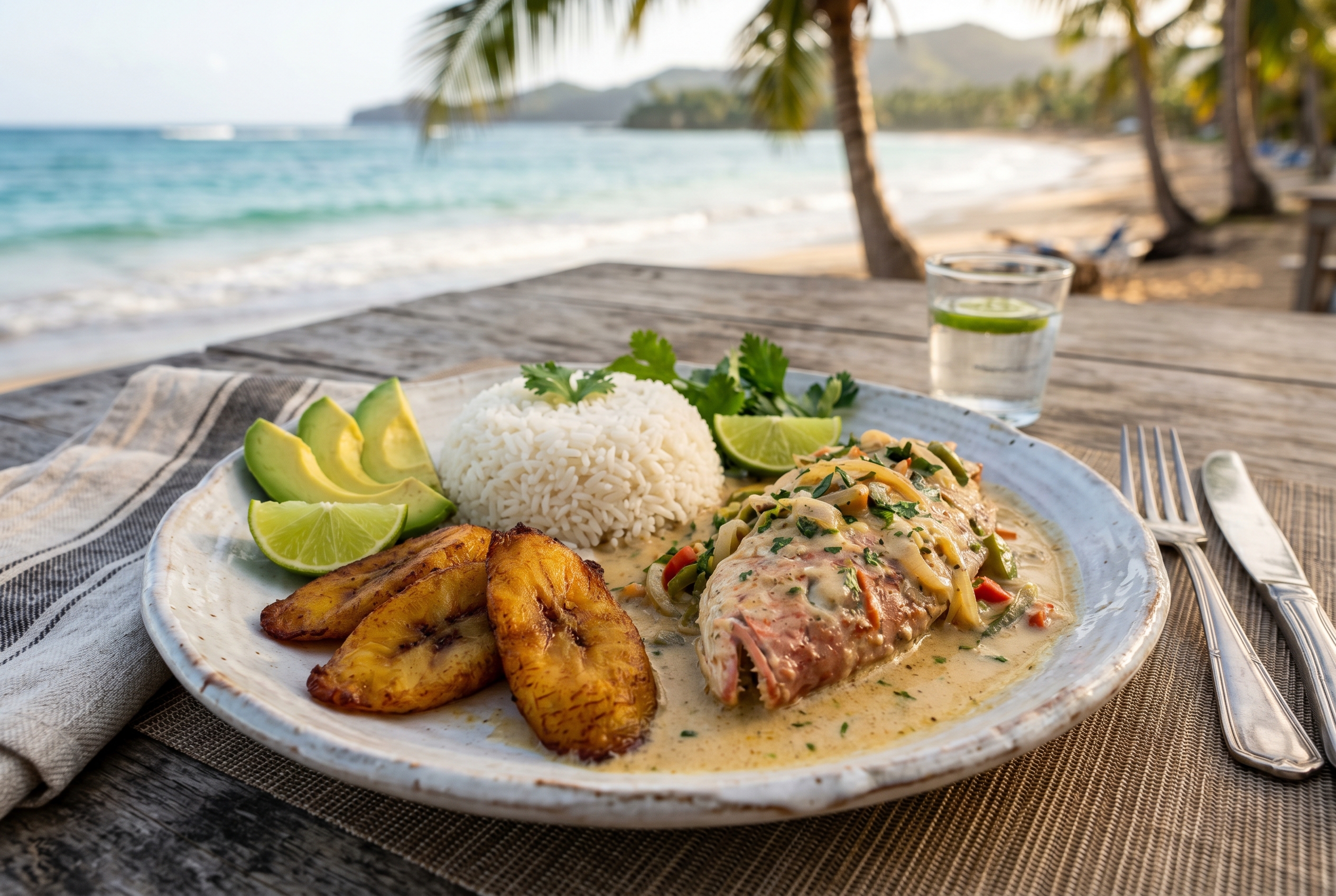 Plated pescado con coco with arroz blanco maduros and avocado