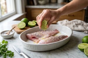 Red snapper fillets marinating in lime juice with salt