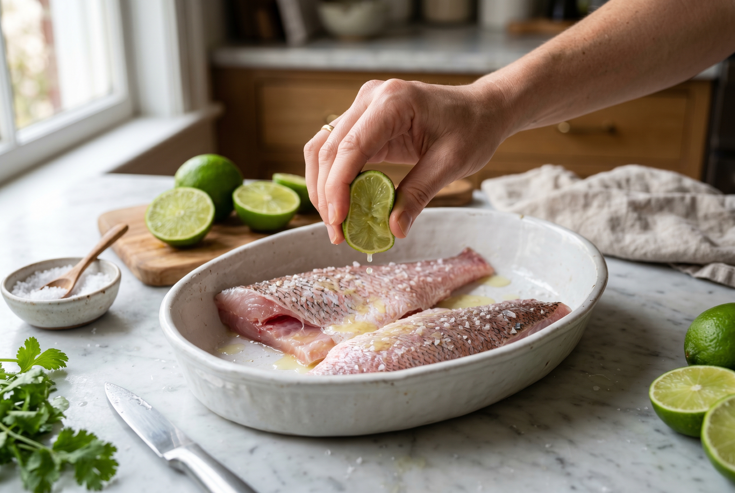 Red snapper fillets marinating in lime juice with salt