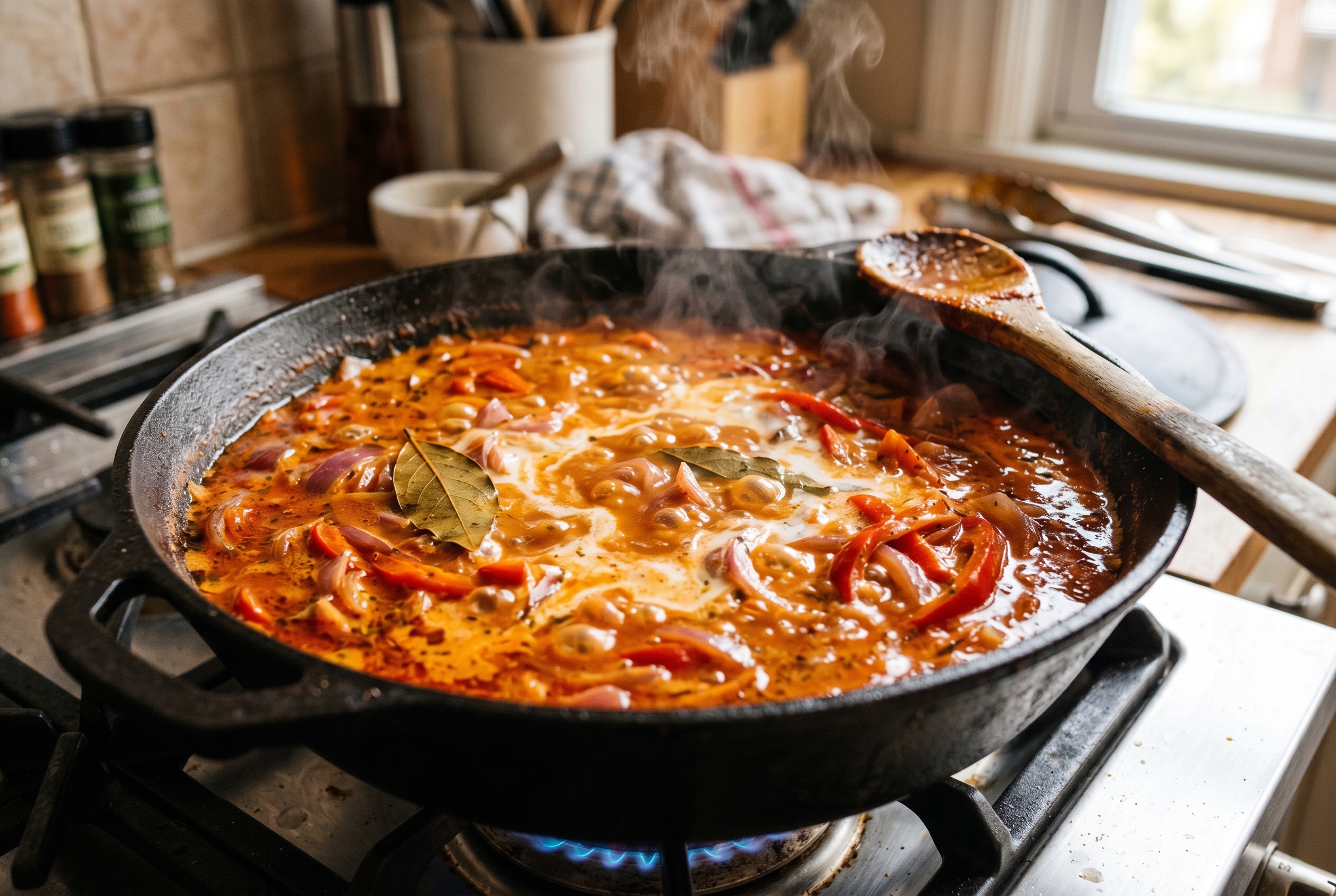 Coconut sauce simmering in caldero with tomato sofrito and spices