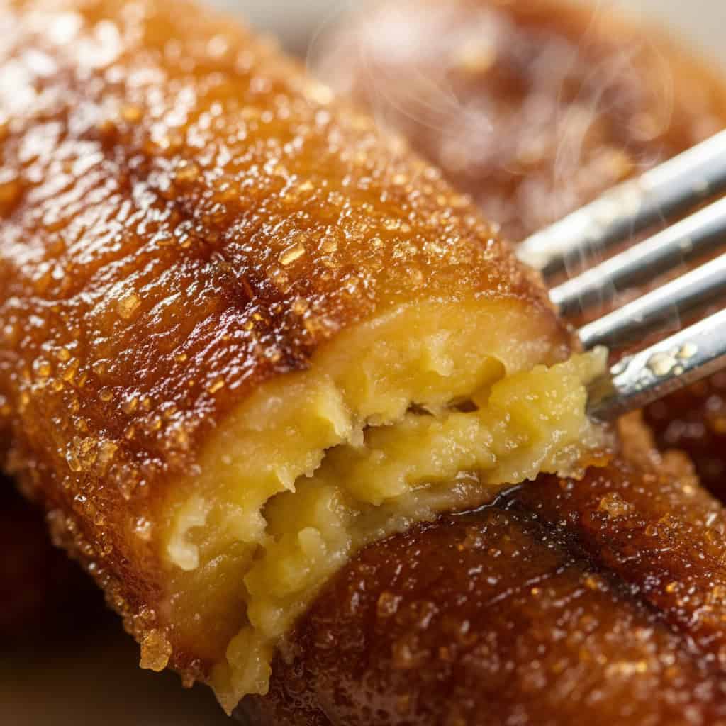 Close-up of caramelized maduros showing golden crust and soft interior