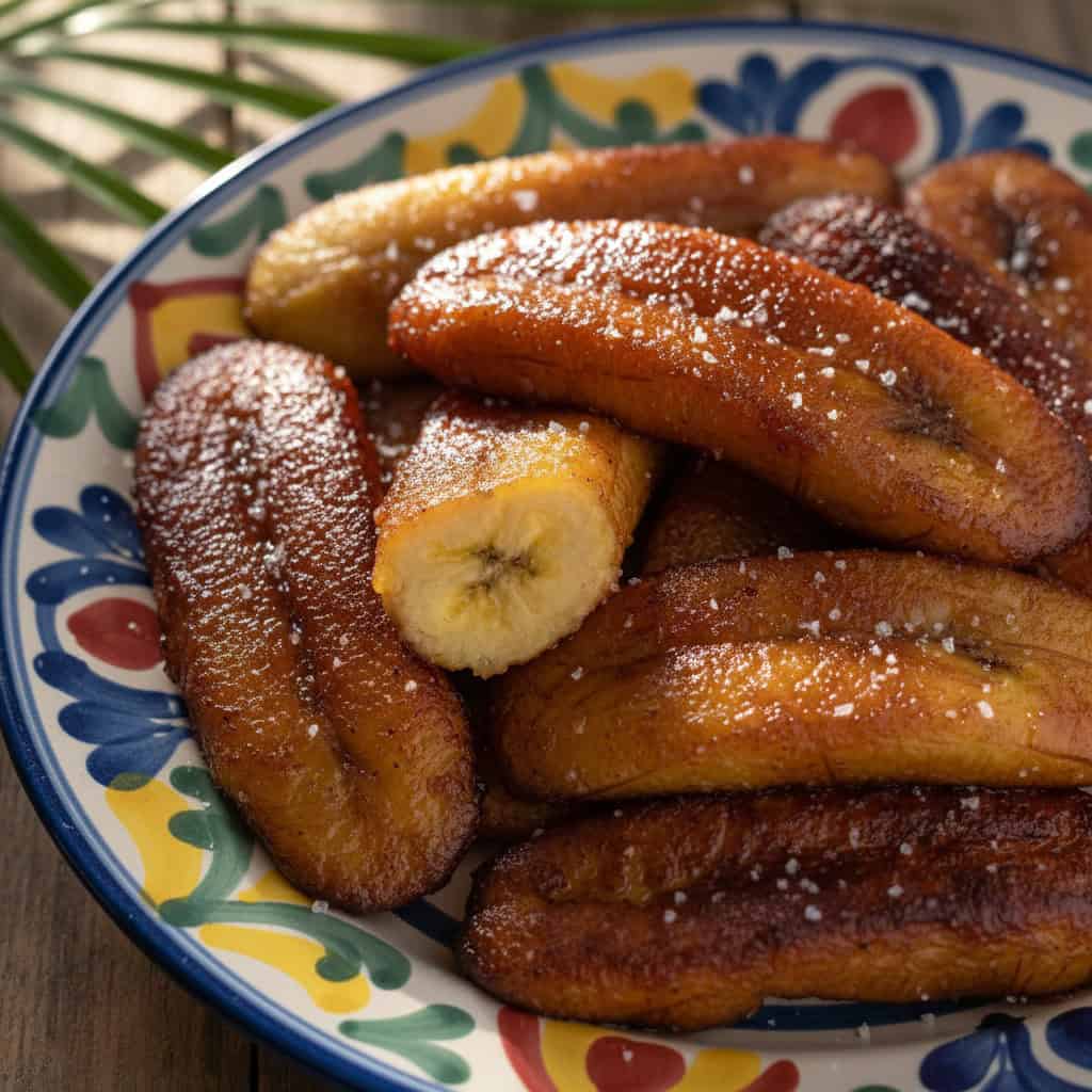 Dominican plátanos maduros - golden caramelized fried sweet plantains on a plate