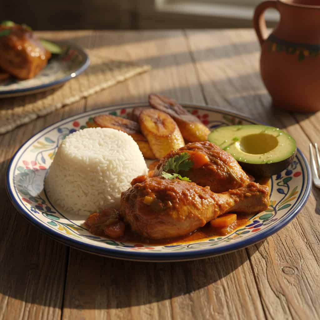 Maduros served alongside pollo guisado and rice as part of Dominican meal