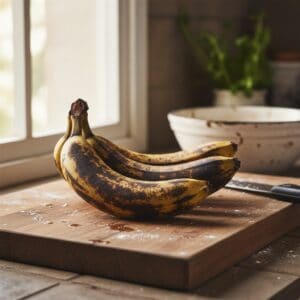 Three ripe plantains showing perfect skin color for maduros - mostly black with yellow patches