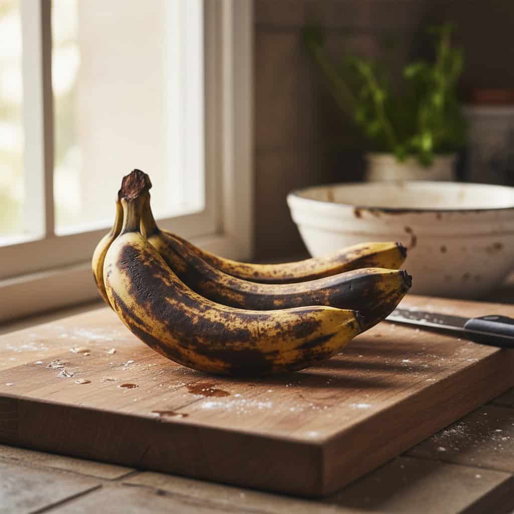 Three ripe plantains showing perfect skin color for maduros - mostly black with yellow patches
