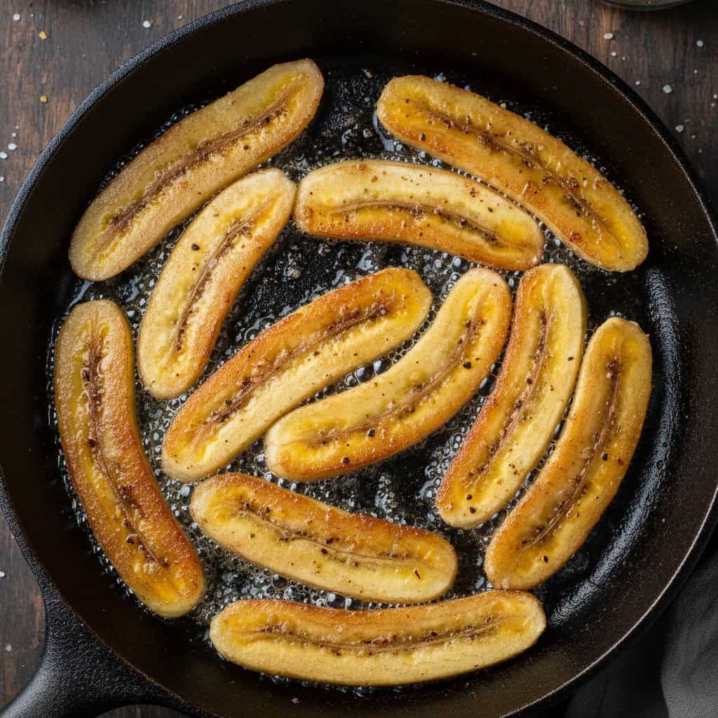 Plantain slices being prepared and cooking in pan with caramelization