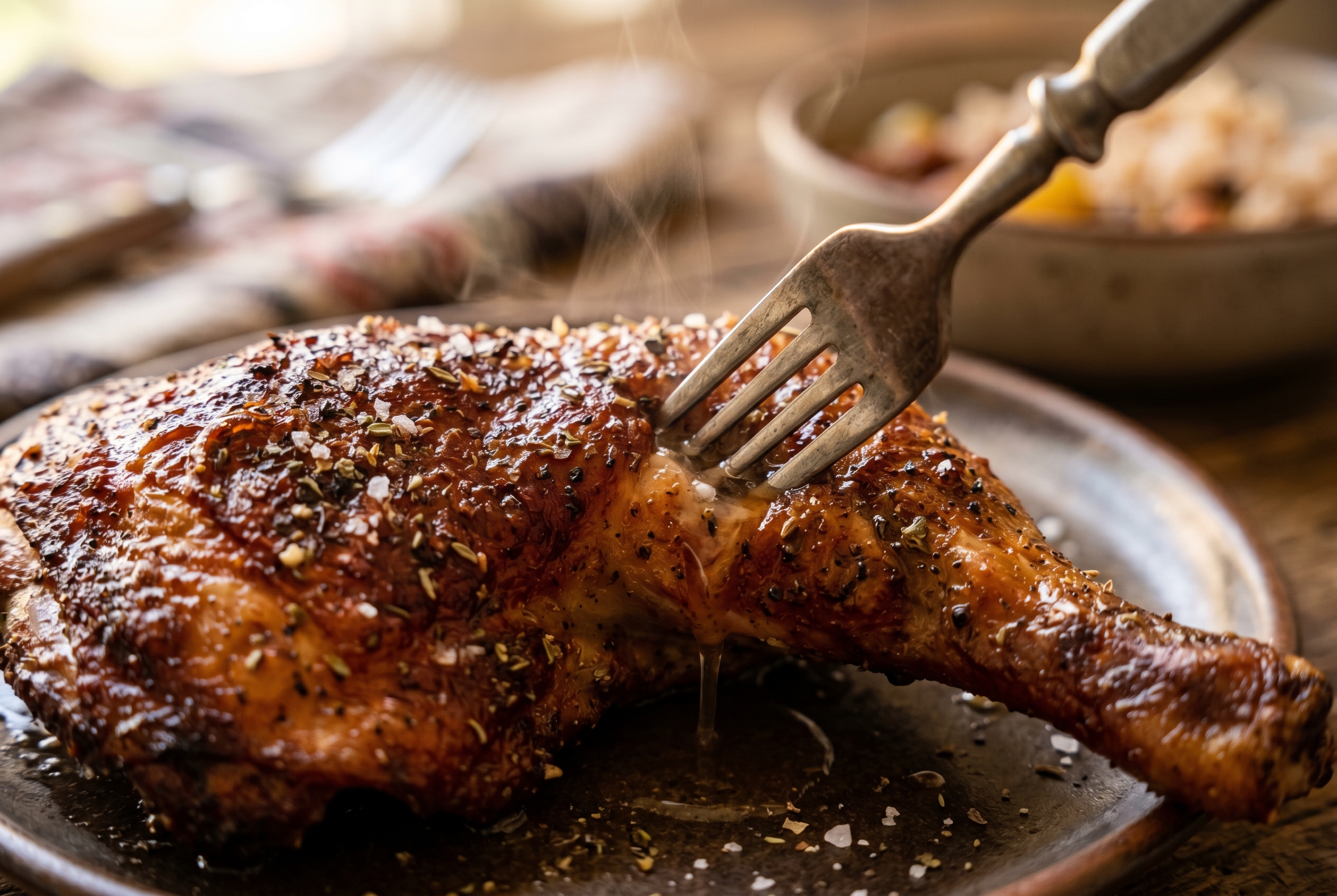 Close-up of crispy golden skin on Dominican roast chicken thigh