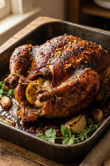 Golden roasted Dominican whole chicken with crispy skin in roasting pan