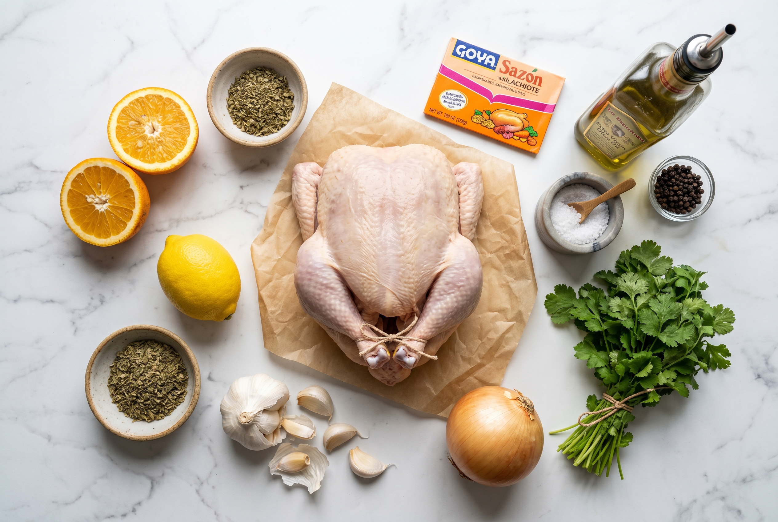 Ingredients for Dominican roast chicken - whole chicken sour orange garlic oregano sazón