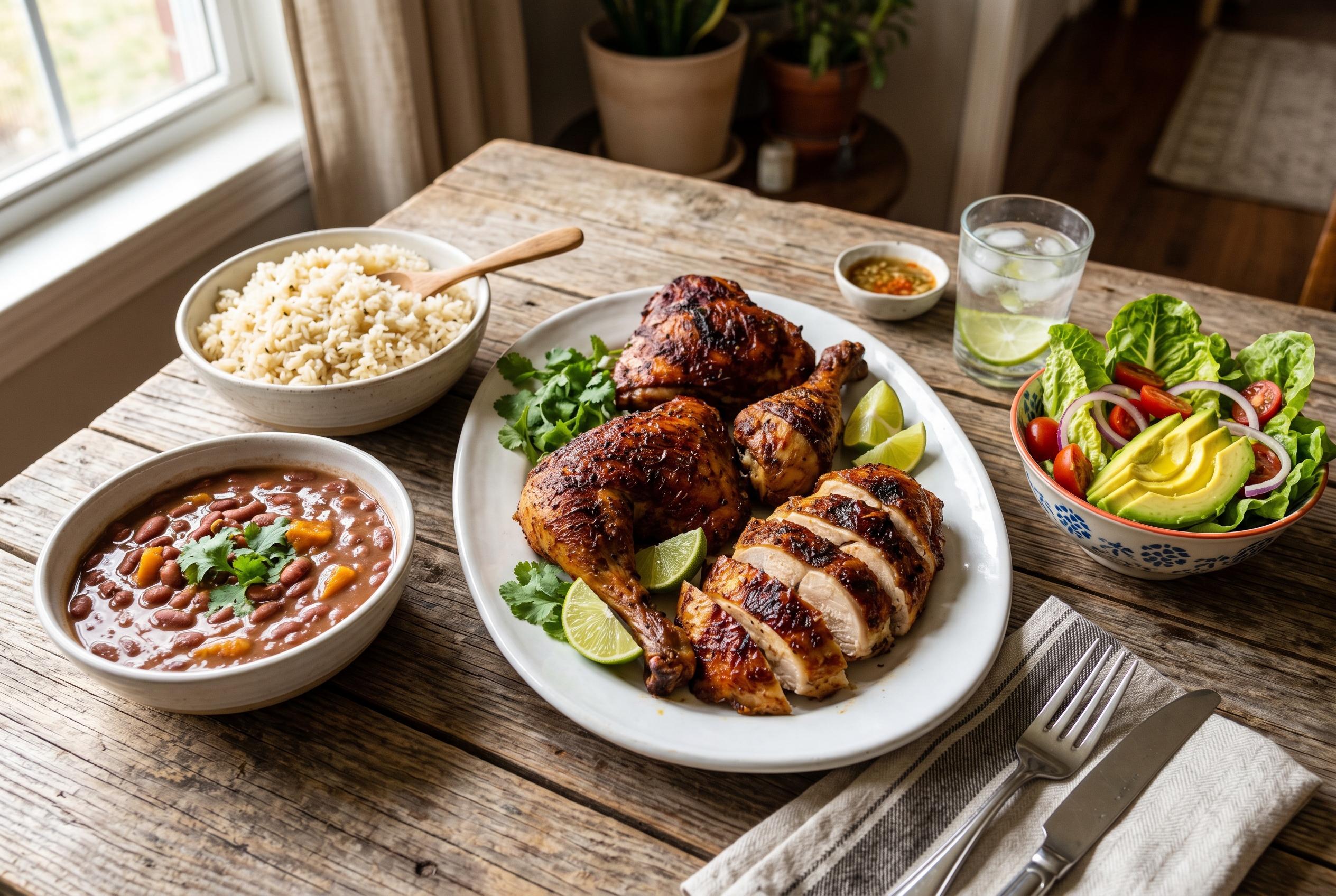 Sliced Dominican roasted chicken on platter with rice beans and ensalada verde