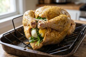 Marinated whole chicken with onion lemon cilantro stuffed in cavity ready for oven
