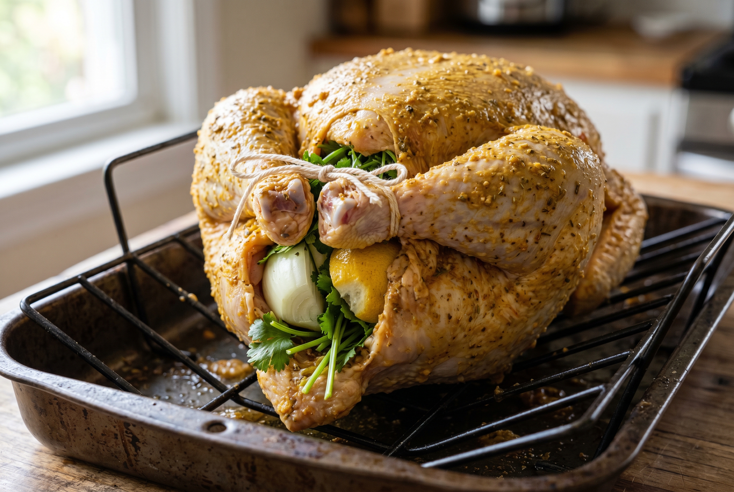 Marinated whole chicken with onion lemon cilantro stuffed in cavity ready for oven