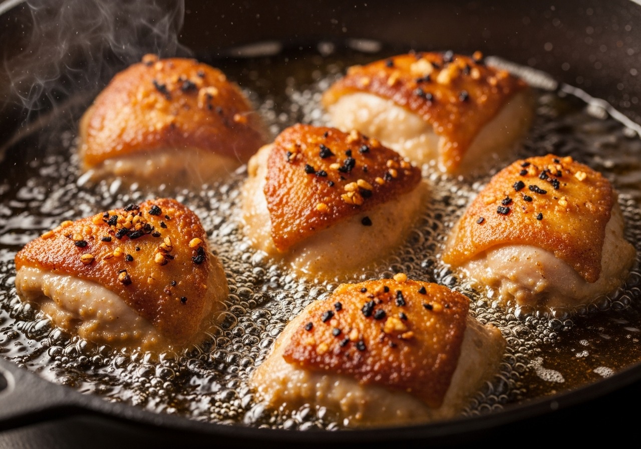 Chicken frying in hot oil in a Dutch oven with golden-brown crispy exterior