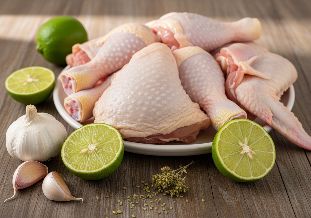 Ingredients for Dominican fried chicken — bone-in chicken, lime, garlic, oregano, adobo, sazón, onion
