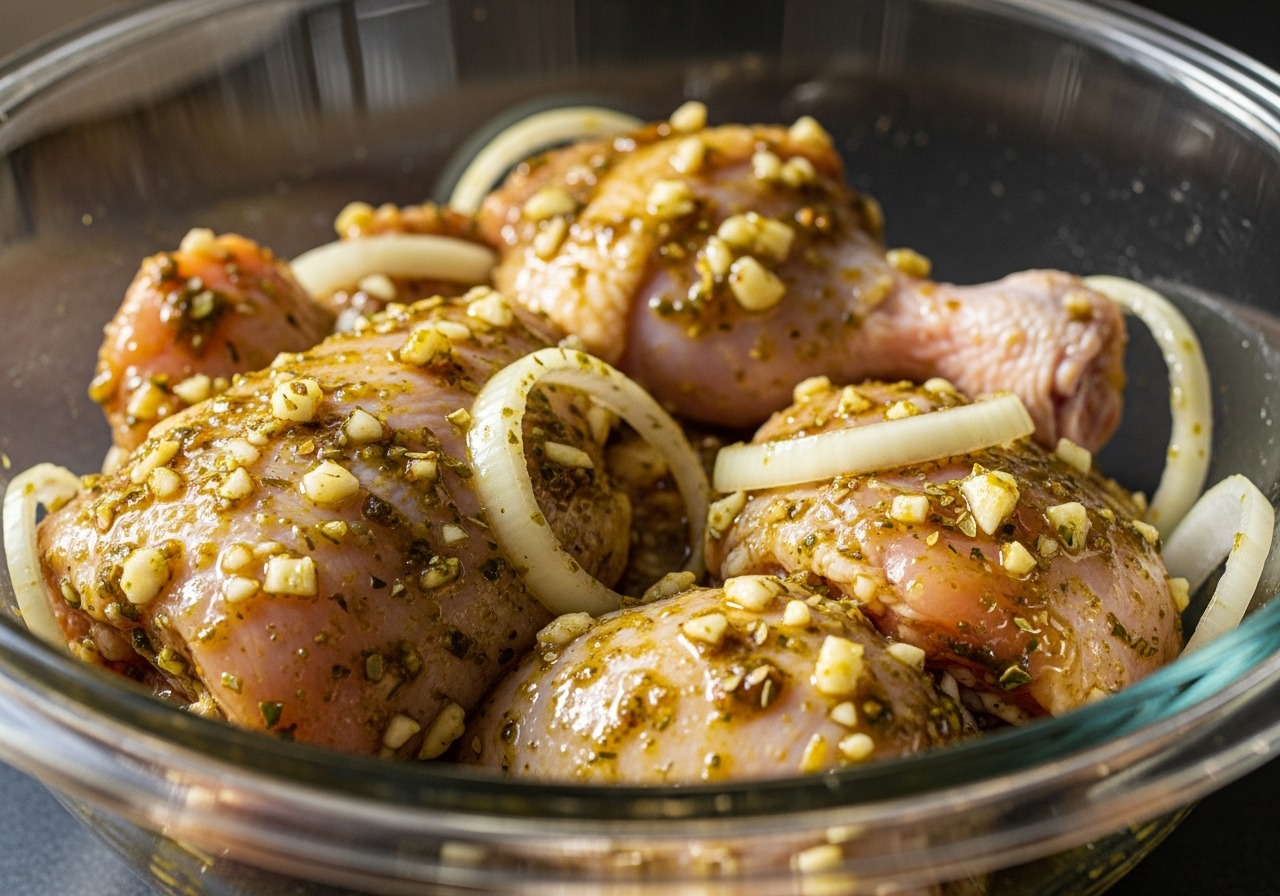 Dominican fried chicken marinating in lime, garlic, oregano, and adobo in a glass bowl