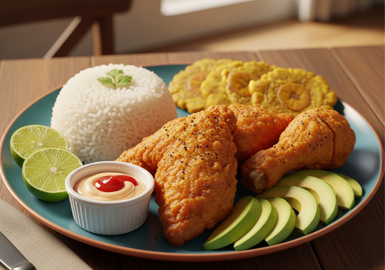 Plated Dominican fried chicken served with rice, tostones, lime, and mayo-ketchup
