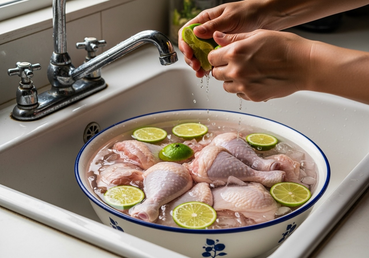 Raw chicken pieces being washed with lime in a bowl of cold water