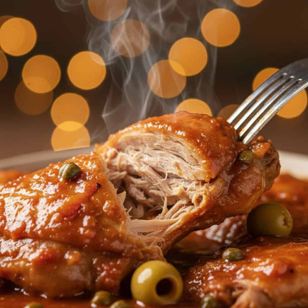 Close-up of pollo guisado showing fall-off-the-bone tender chicken with glossy sauce and olives